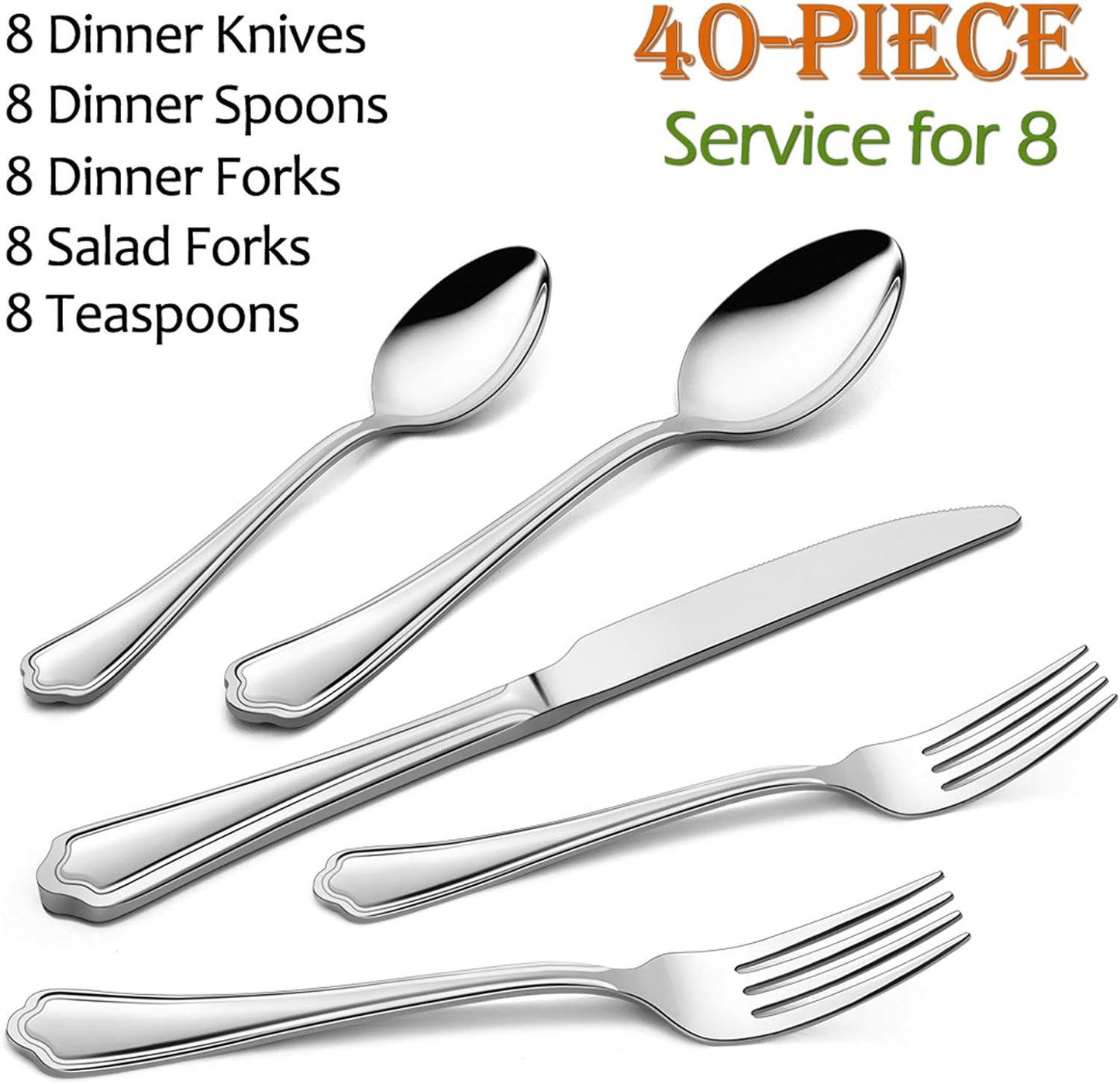 40-Piece Silverware Set, E-far Stainless Steel Flatware Cutlery Set Service for 8, Metal Tableware Eating Utensil Set, Dinner Knives/Forks/Spoons, Scalloped Edge & Mirror Polished - Dishwasher Safe