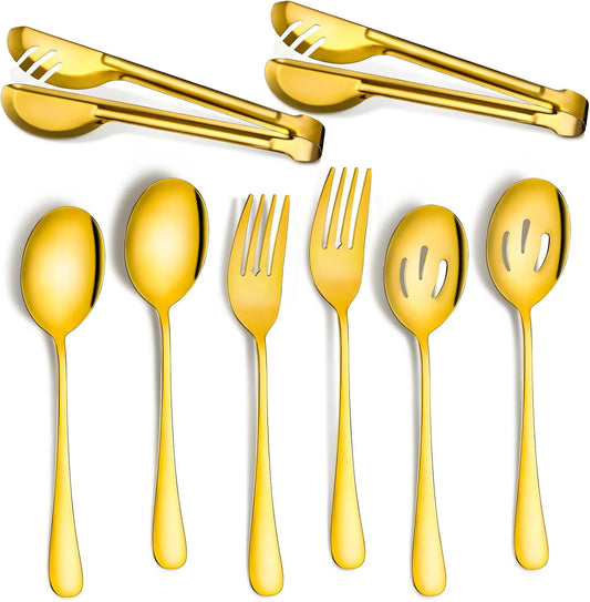 Patelai 8 Pieces Christmas Stainless Steel Gold Serving Utensils Set 8.7" Large Spoons and Slotted Spoon 9.45" Tong 9" Forks Flatware Wedding Party Buffet Banquet Cooking Kitchen Catering