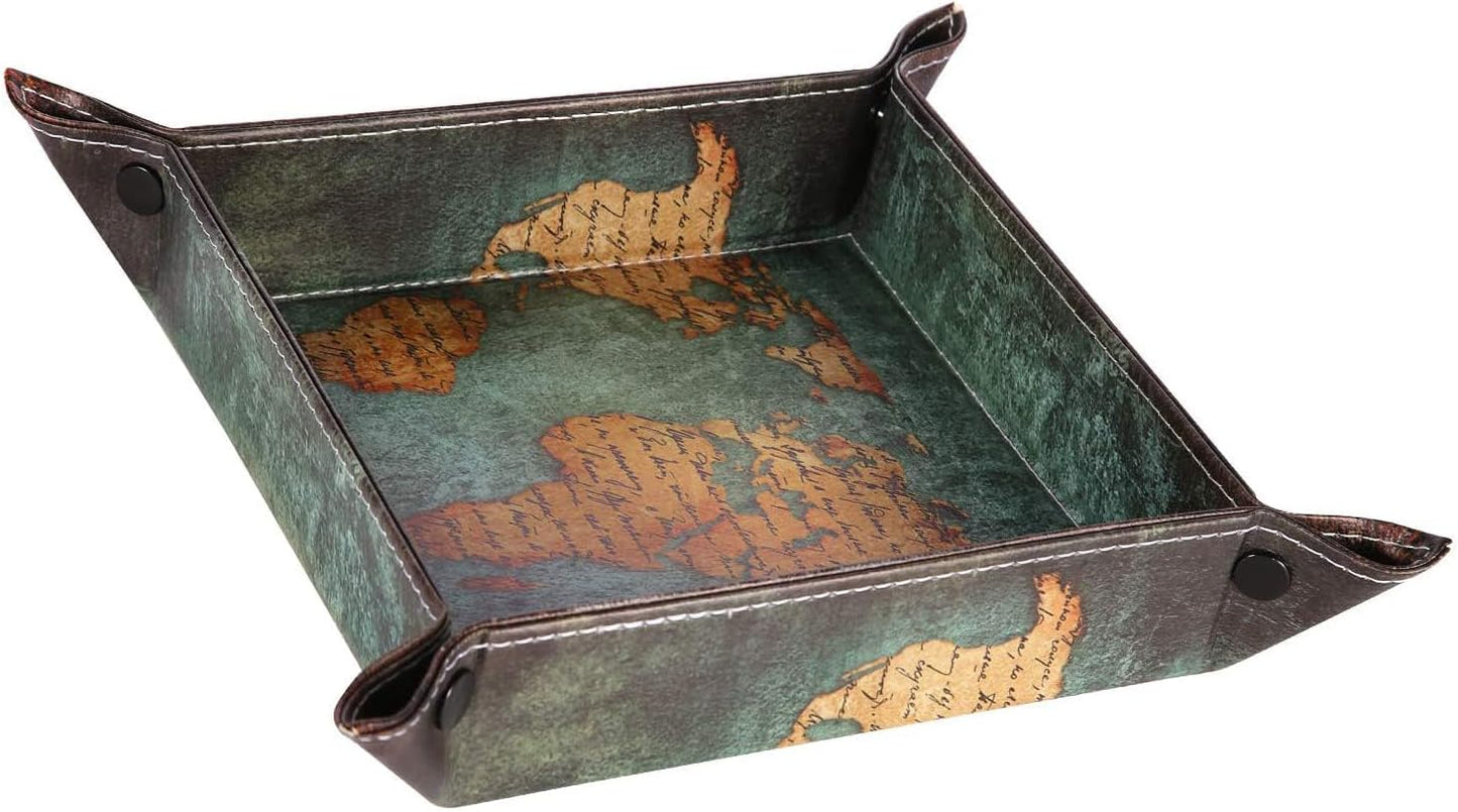 siduater Valet Tray Desktop Storage Organizer, Vegan Leather Catchall Bedside Vanity Tray Nightstand Caddy Holder for Remote Controller, Watch, Keys, Phone, Wallet, Sunglasses, Jewelry - Map