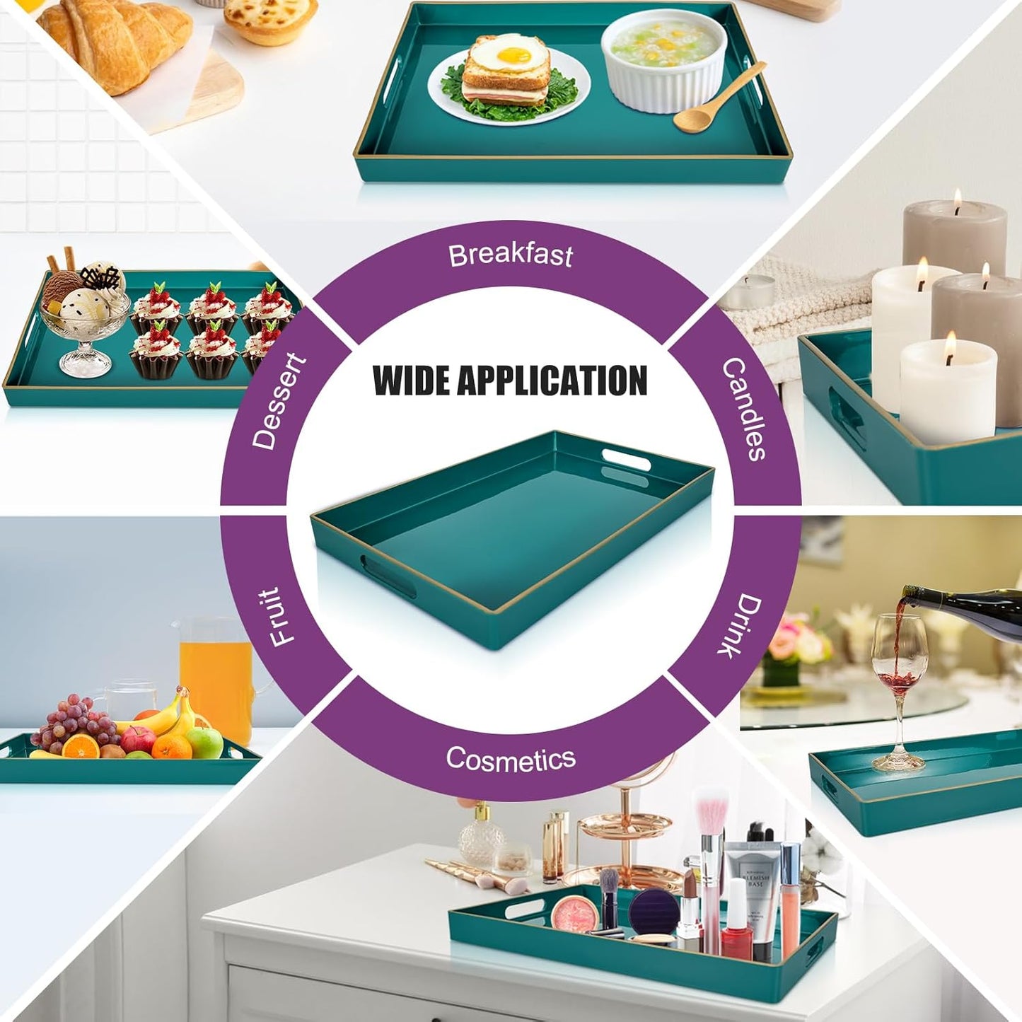 Gifturbo Teal Serving Tray,Rectangular Serving Trays with Handles, Plastic Coffee Table Tray Decorative Tray for Ottoman,Living Room, Bathroom, 15.7” x 10.2” x1.37”