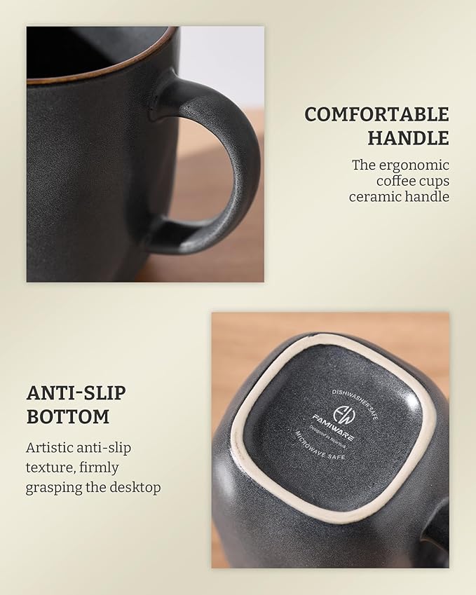 famiware Coffee Mugs Set of 6, Ocean Square 13oz Coffee Cup Set with Handle for Cocoa, Milk, Hot Chocolate, Tea, Water, Stoneware Cups for Kitchen, Microwave and Dishwasher Safe, Matte Black