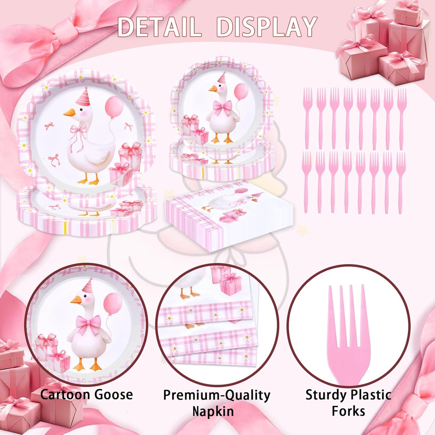 96 Pieces Pink Goose Birthday Tableware Set Party Supplies – Scalloped Animal-Themed Disposable Dinnerware with Paper Plates, Napkins, and Forks for Girls Parties and Baby Showers – Serves 24