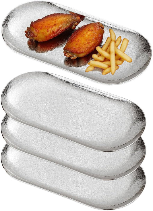 7X3 inch ellipse Appetizer Plates,thick stainless steel Dinner Plates, Pasta Dessert Plates for Sushi, Fruit oven/Dishwasher Safe, Set of 4,silver