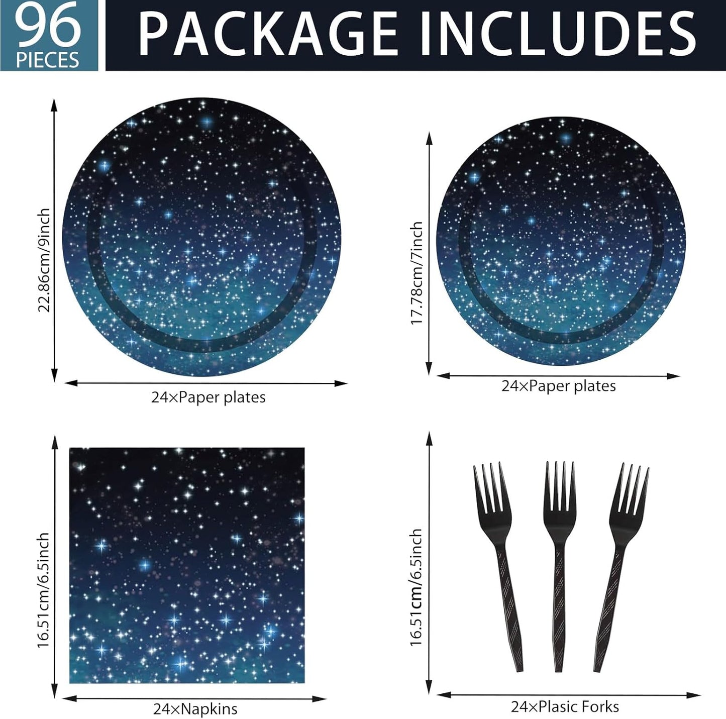 DTDO 96 Pcs Galaxy Party Plates and Napkins Set Include Star Night Paper Plate Napkins Black Forks, Disposable Outer Space Themed Birthday Dinnerware for Solar System Birthday Decorations, Serves 24