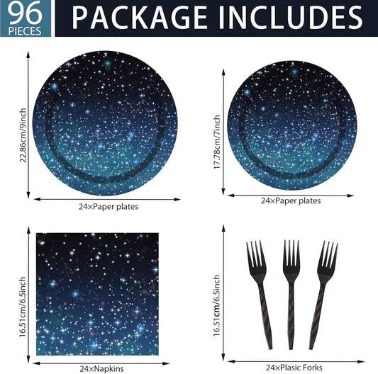 DTDO 96 Pcs Galaxy Party Plates and Napkins Set Include Star Night Paper Plate Napkins Black Forks, Disposable Outer Space Themed Birthday Dinnerware for Solar System Birthday Decorations, Serves 24