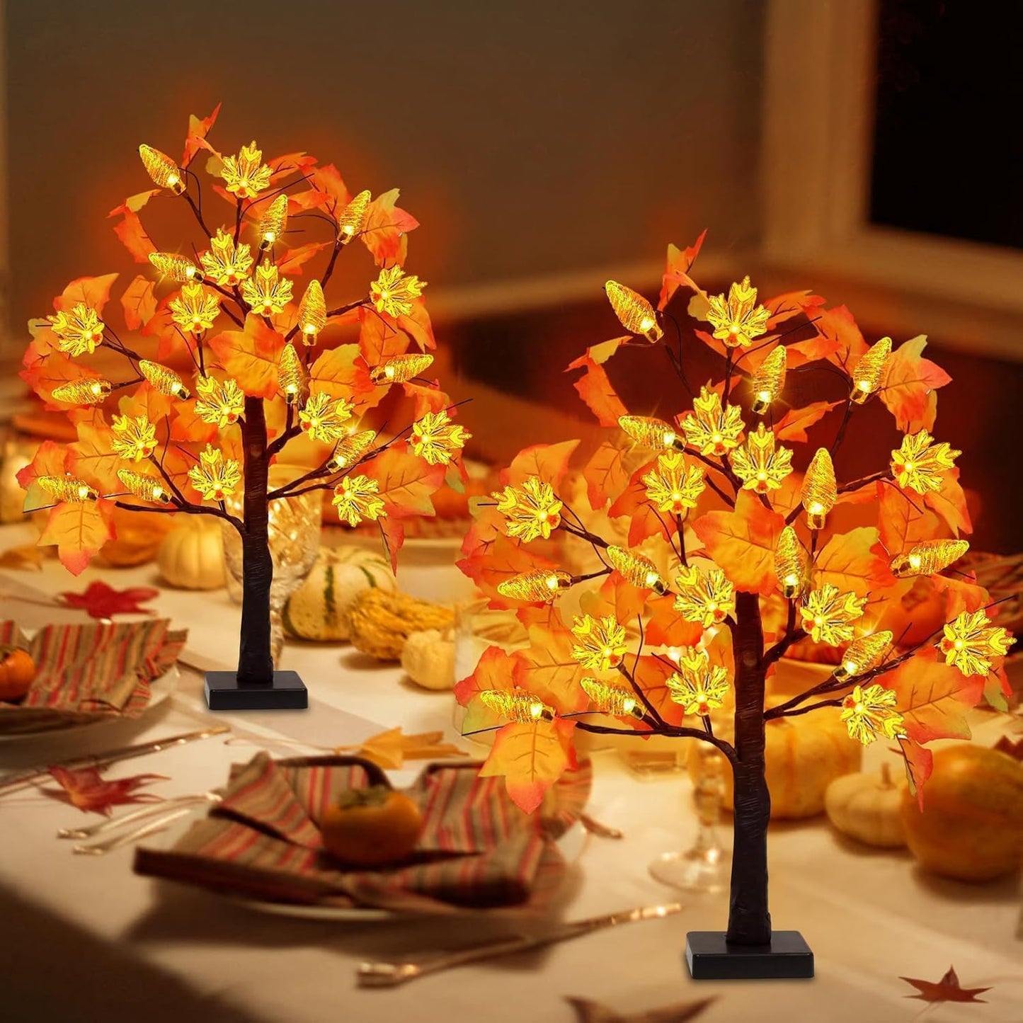 2 Pack 24 Inch Prelit Fall Maple Tree Decorations with 48 LEDs Timer Fall Battery Operated Lighted Artificial Pumpkin Light Up Maple Tree for Thanksgiving Harvest Table Home Indoor Decor