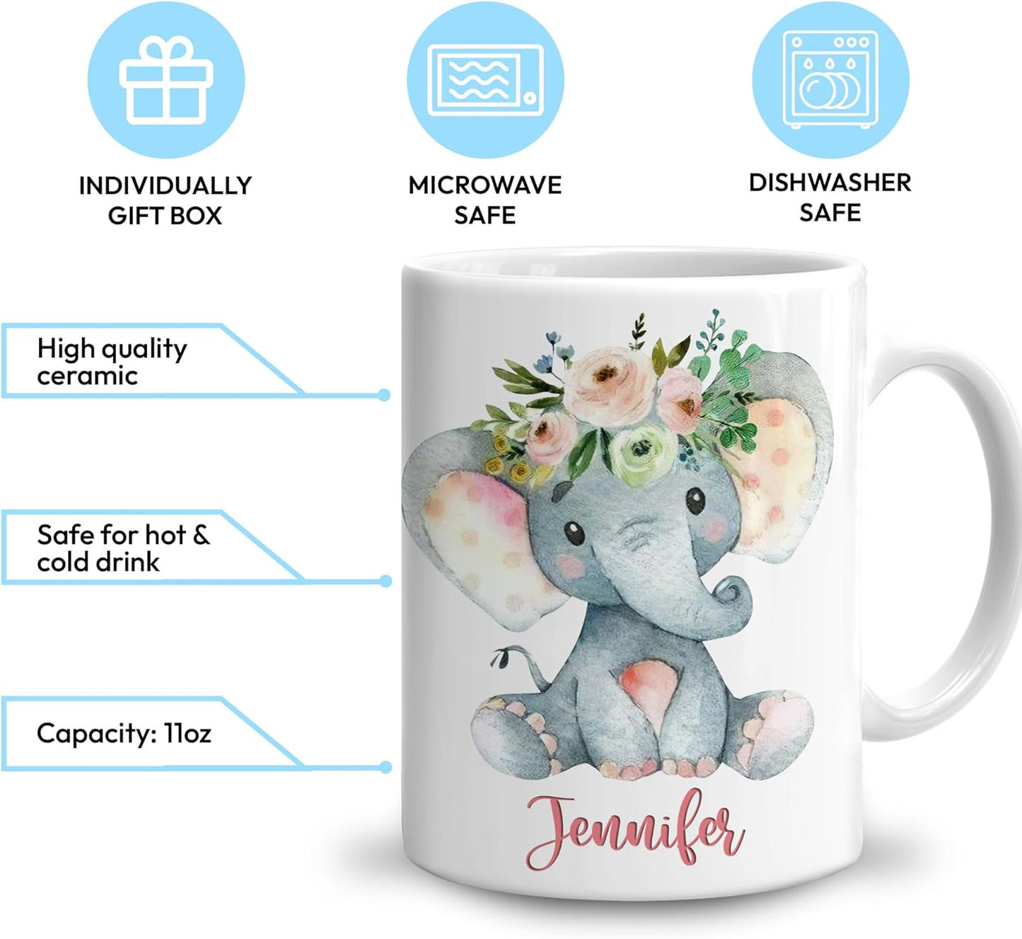 Hyturtle Personalized Gifts Elephant Lover - Just A Girl Who Loves Elephants Custom Name Ceramic Coffee Mug Cup 11oz - Idea Cute Animal Lover Gifts For Women, Girl Daughter On Birthday, Christmas