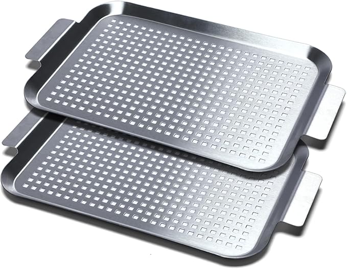 Grill Pan Set of 2, BBQ Grill Topper for Outdoor Grill, Stainless Steel Grilling Baskets with Holes and Handles, Perforated Food Tray Barbecue Accessories for Vegetable, Fish, Small x 2
