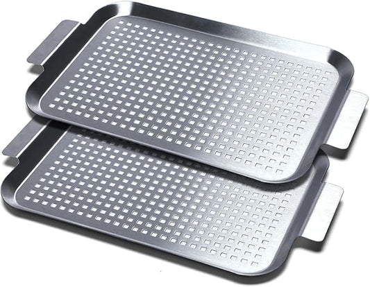 Grill Pan Set of 2, BBQ Grill Topper for Outdoor Grill, Stainless Steel Grilling Baskets with Holes and Handles, Perforated Food Tray Barbecue Accessories for Vegetable, Fish, Small x 2