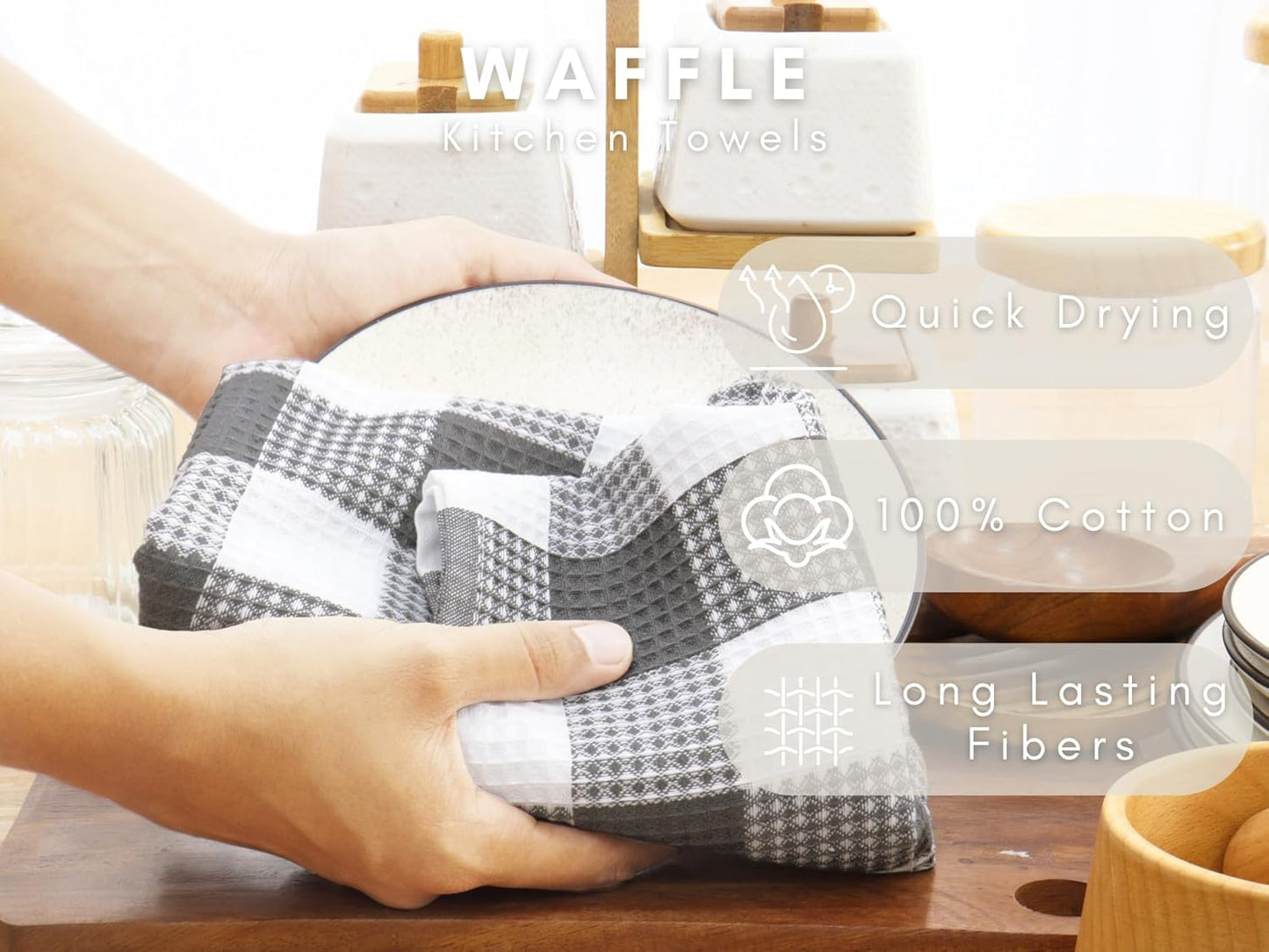 PurpleEssences 100% Cotton Waffle Weave Check Plaid Kitchen Towels, Super Soft and Absorbent Dish Towels for Drying Dishes 15 x 25-4 Pack - Fall Thanksgiving - Steel Grey and White