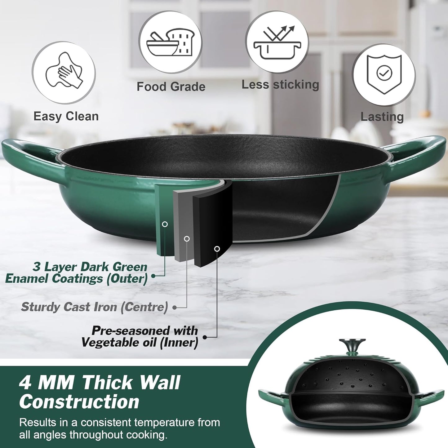 P&P CHEF Bread Dutch Oven for Sourdough, 5.5 Quart Enameled Cast Iron Dutch Oven Pot with Lid for Homemade Bread Baking, Easy to Clean & Even Heat, Dark Green