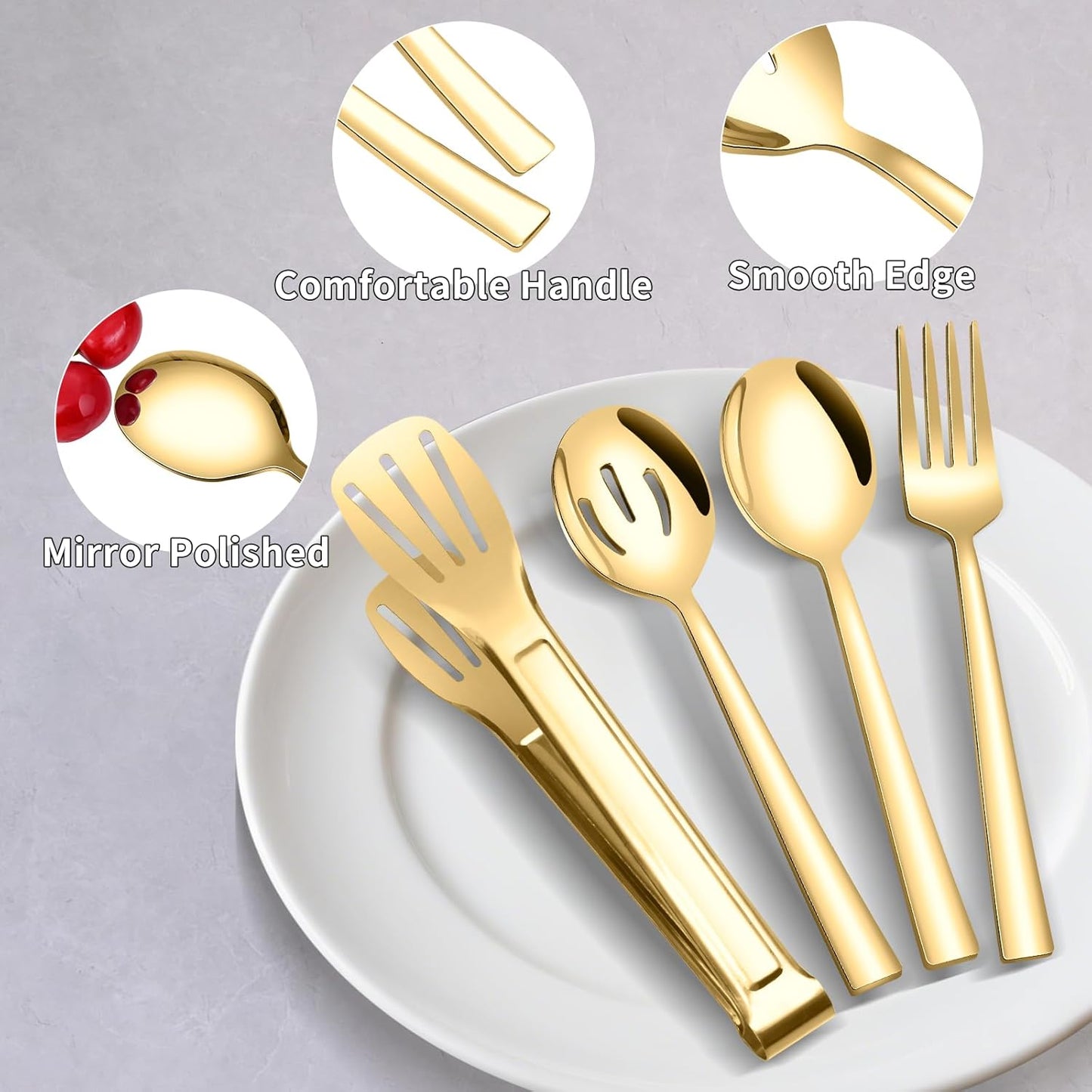 10 Piece Gold Serving Utensils, Amafox Stainless Steel Catering Serving Utensils Set Include Large Spoons, Slotted Spoons, Forks, Appetizer Tongs 9'', Cake Server, Butter Knife, for Daily Use