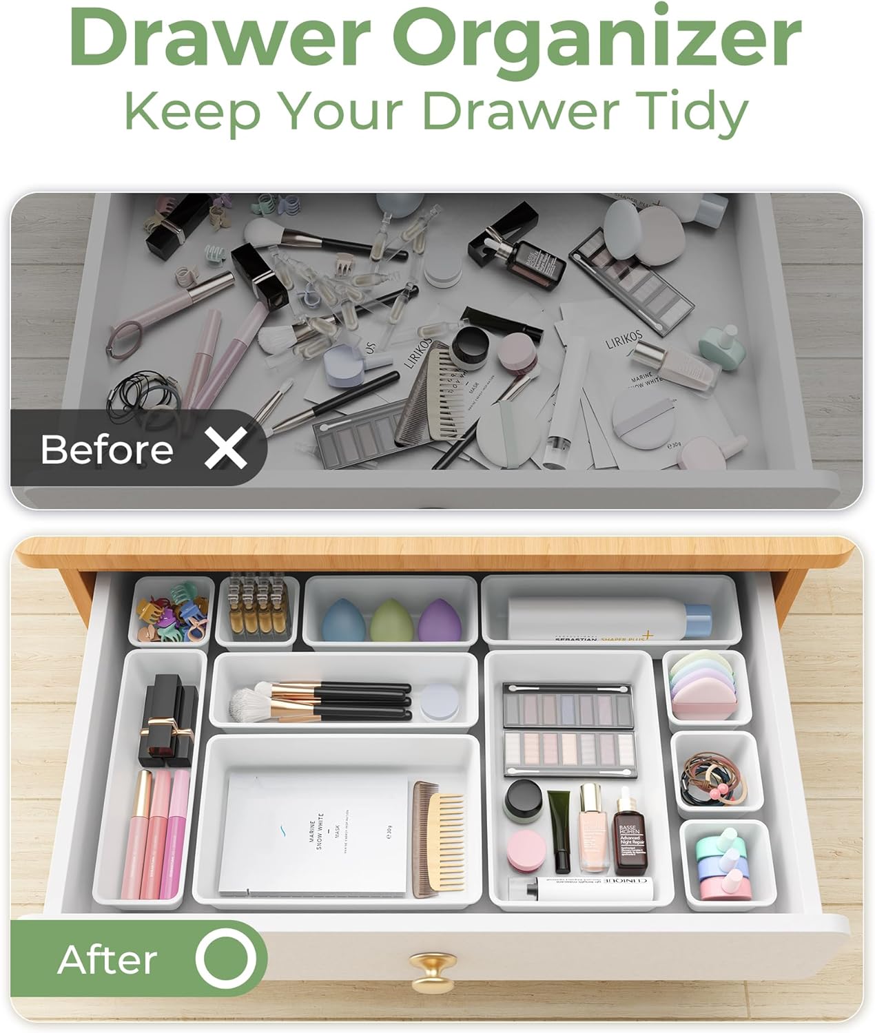 25 PCS Plastic Drawer Organizers Set, 4-Sizes Vanity and Makeup Organizer, Desk and bathroom Drawer Organizer Trays, Organizers and Storage for Makeup, Jewelry, Gadgets, Utensils (White)