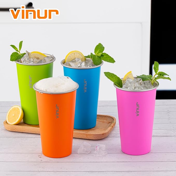 VINUR 20 oz Stainless Steel Cups 4 Pack Pint Tumbler Stackable Metal Drinking Glasses for Travel, Camping, Outdoors (Sky Blue-Orange-Hot Pink-Apple Green)