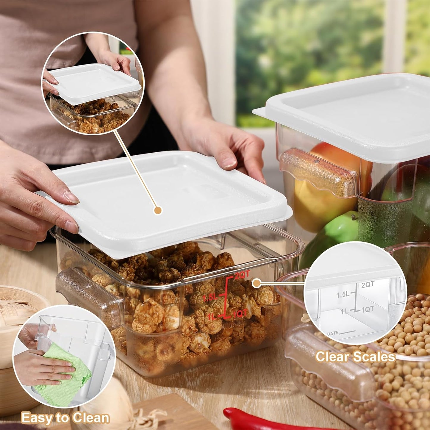 Barydat 4 Pcs Food Storage Container with Lids 2Qt and 4Qt Square Commercial Containers with Scales and Handles Polycarbonate Clear Food Storage for Kitchen Proof Dough Marinating Meat(White)