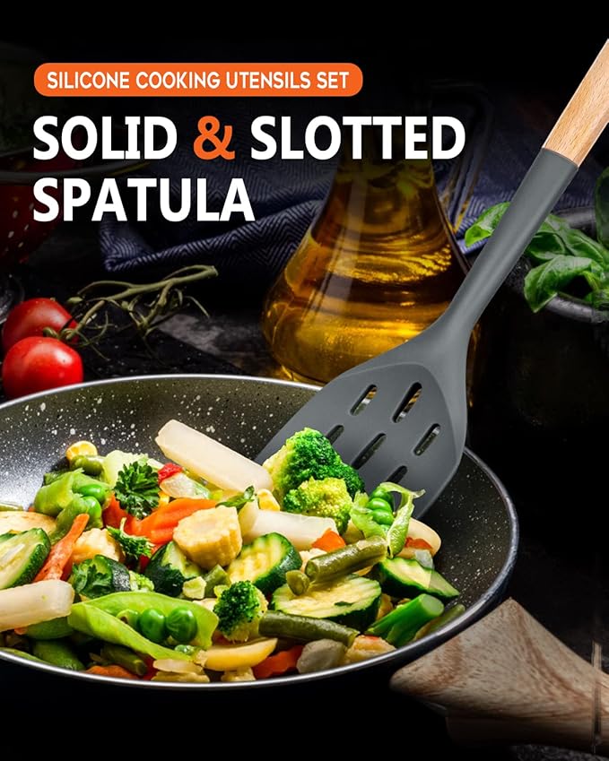 Pack of 2 Silicone Spatula, Non Stick Cooking Utensil Set Wooden Handle Kitchen Turner for Baking Mixing Grilling Serving Food Heat Resistant Non Scratch Hooks Included (Grey)