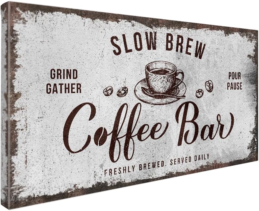 IPIC - Rustic Coffee Bar Sign Slow Brew, Canvas Print Wall Art for Home and Coffee Station, Rustic Industrial Style Wall Decor for Kitchen and Cafe