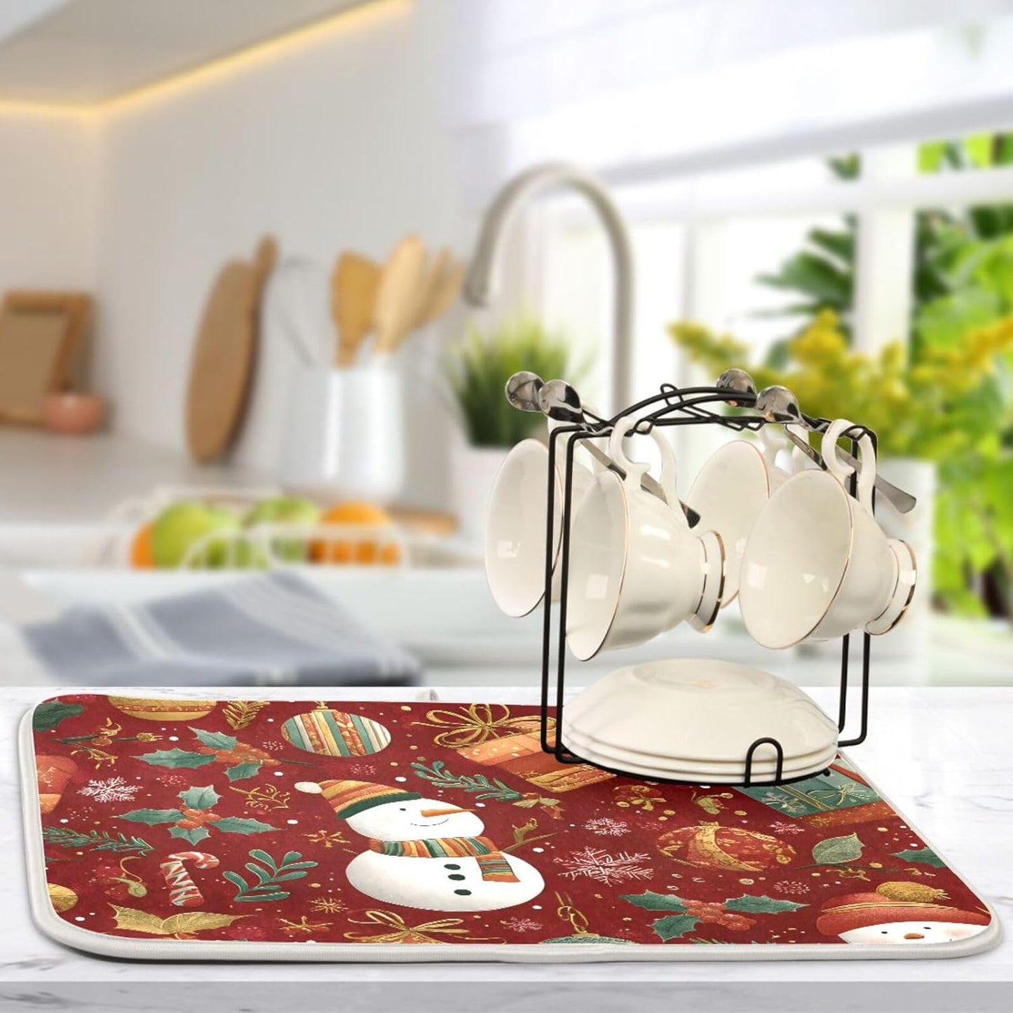 Snowmen Candy Canes and Christmas Dish Drying Mat Super Absorbent Drying Mat 16x18 inch Large Dish Drying Mats for Kitchen Counter Dish Drying Pads Kitchen Drying Matt for Countertop