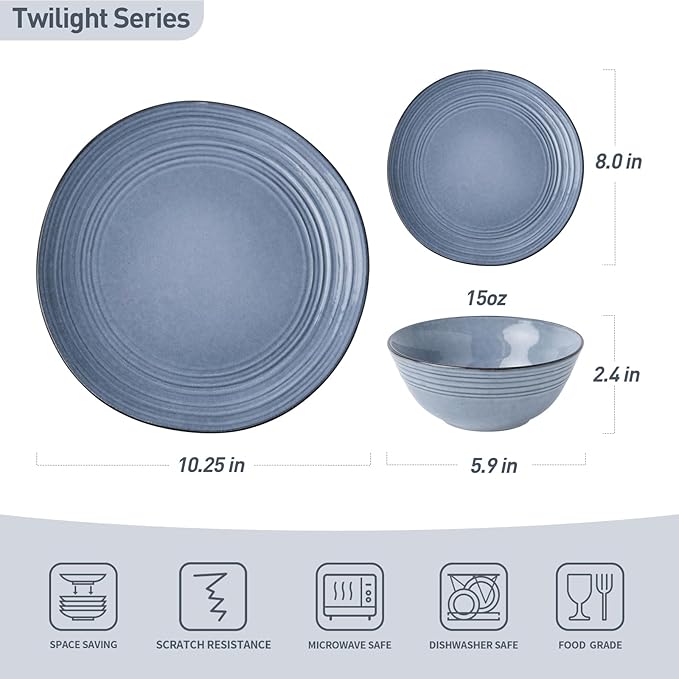 Famiware Plates and Bowls Sets 18-Piece Stoneware Dinnerware Sets, Dishes Set for 6, Hand-made Reactive Glaze Dish Set, Twilight Series, Blue