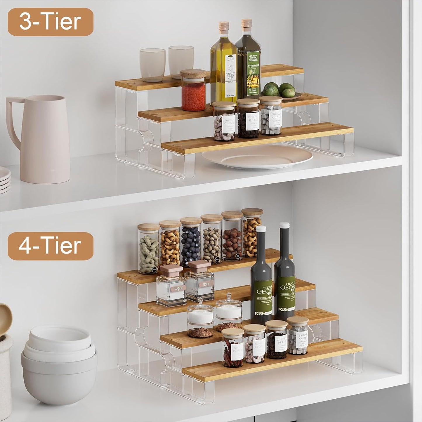 junyuan Spice Rack Organizer for Cabinet,3 Tier Spice Organization for Kitchen,Bathroom Organizers and Storage,Seasoning Countertop Shelf,Bamboo Display Shelves Racks,Clear 11.2"