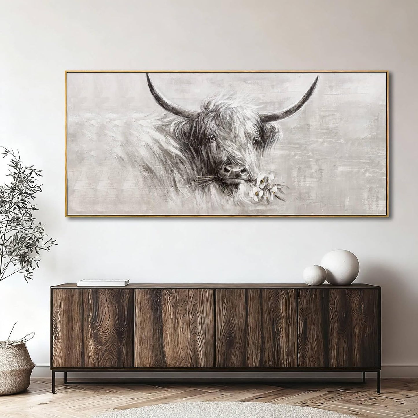 MLART99 Extra large Elegant Cow Canvas Animal Wall Art White and Grey Posters with Floral Gold Ox Print - 32x70 Inch Modern Home Decor for Living Room Entryway