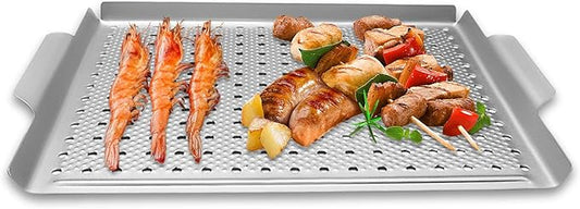 Grill Pan, Nonstick Grill Topper for Outdoor Grilling, Perforated BBQ Tray with Handles for Vegetable, Fish, Meat, Seafood (15x11)