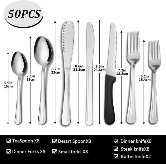 Silverware Set with Butter Knife - Dominion 50 PCS 18/0 Stainless Steel Flatware Utensils Cutlery Set Including Steak Knife Fork and Spoon for Home, Restaurant, Party, Dishwasher Safe