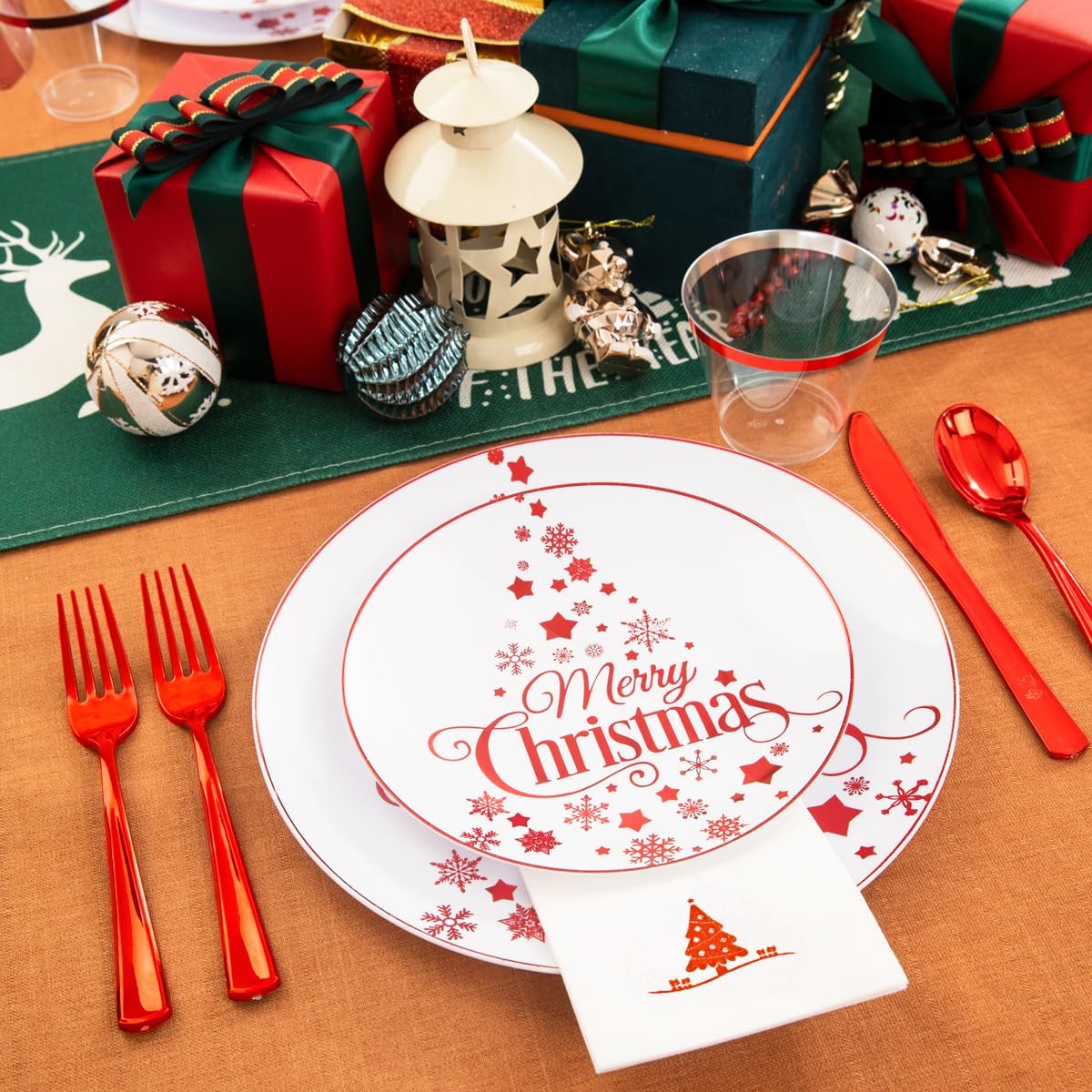 Morejoy 175PCS Christmas Plastic Dinnerware Set - White/Red Plates & Red Plastic Silverware Include 25 Plates, 25 Cups, 25 Forks, 25 Knives, 25 Spoons, 25 Napkins Perfect for Holidays