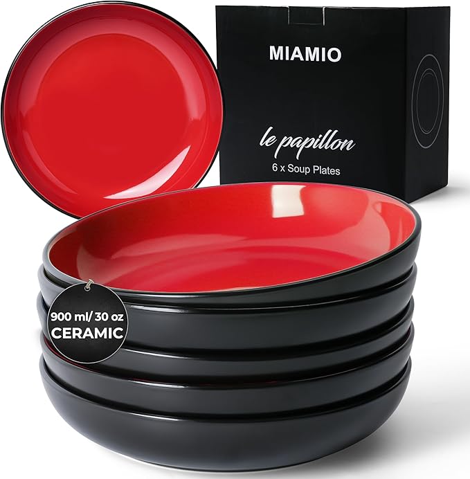 MIAMIO – 30 Oz / 8.6 Inch Set of 6 Pasta Bowls/Salad Bowls, Pasta Plates Wide and Shallow Bowl, Large Ceramic Stoneware Deep Plate Serving Soup - Le Papillon Collection (Red)