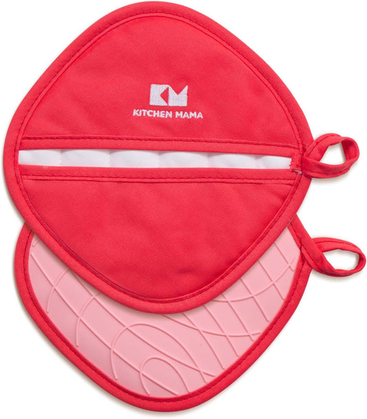 Kitchen Mama Silicone Pot Holders - Heat Resistant, Non-Slip Surface, Dual Pocket Design with Soft Cotton Lining, Safe, Durable, Stylish, Practical for Everyday Use Hot Oven, Bowl, Pan (Red)