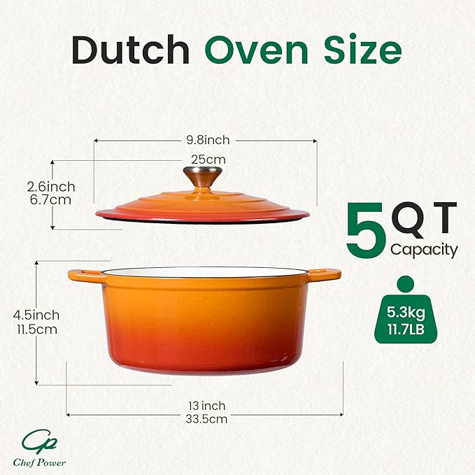 Chef Power Dutch Oven Pot with Lid 5QT, Enameled Cast Iron Dutch Oven for Bread Baking, Braising, Stews, Roasting, Oven Safe Dutch Ovens, Gradient Orange