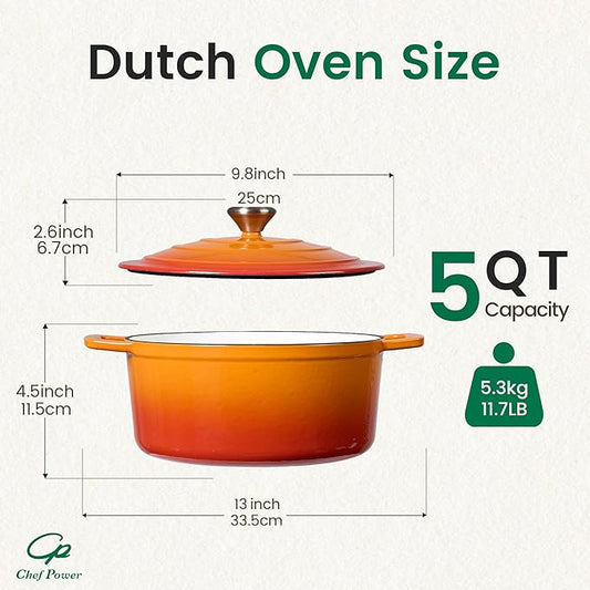Chef Power Dutch Oven Pot with Lid 5QT, Enameled Cast Iron Dutch Oven for Bread Baking, Braising, Stews, Roasting, Oven Safe Dutch Ovens, Gradient Orange