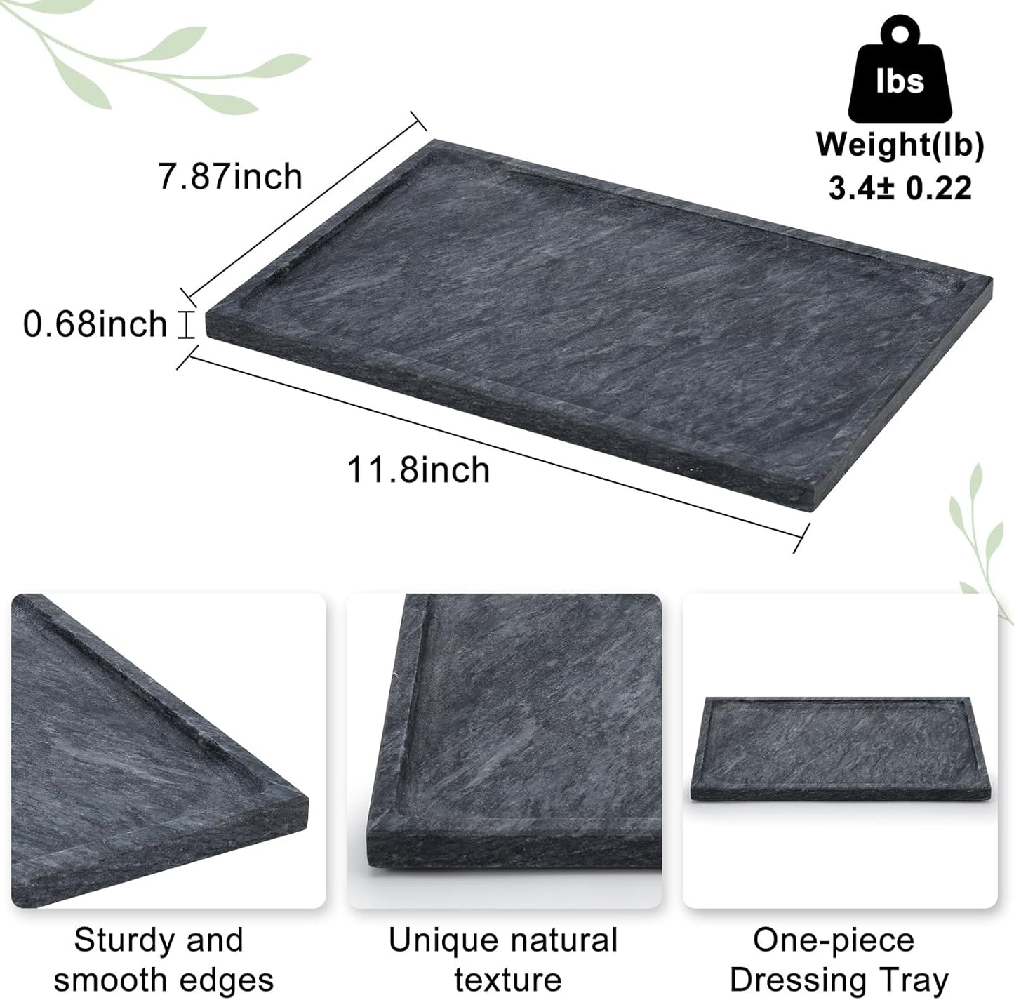 Real Luxurious Natural Black Marble Tray - 12x8 Inch Marble Vanity Tray for Perfume Display, Jewelry Organizer, Bathroom & Home Decor -Heavy Duty Non-Slip Stone Tray (Non-Resin/Non-Ceramic)