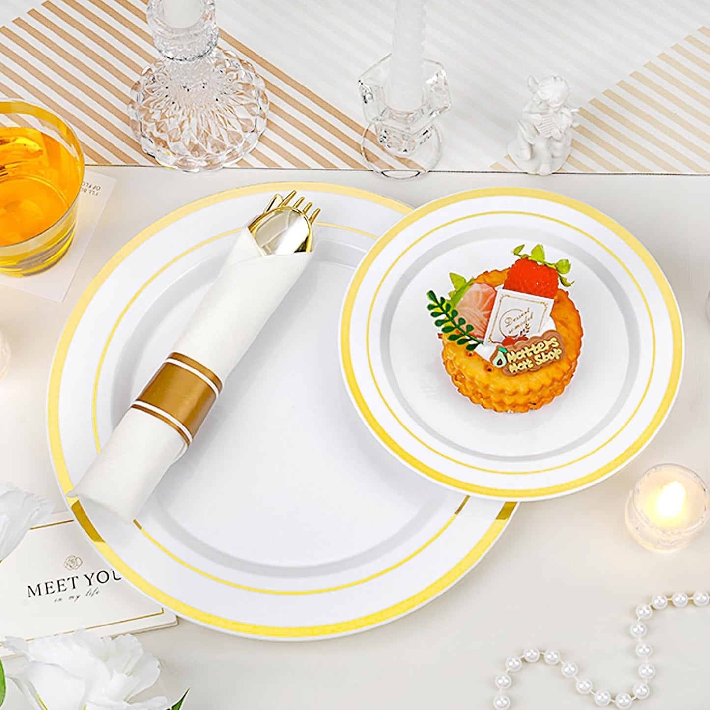 350 PCS White and Gold Plastic Dinnerware Set for 50 Guests, 100 Disposable Plates for Party, 50 Pre Rolled Napkins with Gold Silverware, 50 Cups