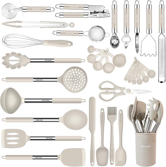 Kitchen Utensils Set-Silicone Cooking Utensils-33pcs Non-Stick Silicone Cooking Kitchen Utensils Spatula Set with Holder-Best Kitchen Cookware with Stainless Steel Handle (Khaki)