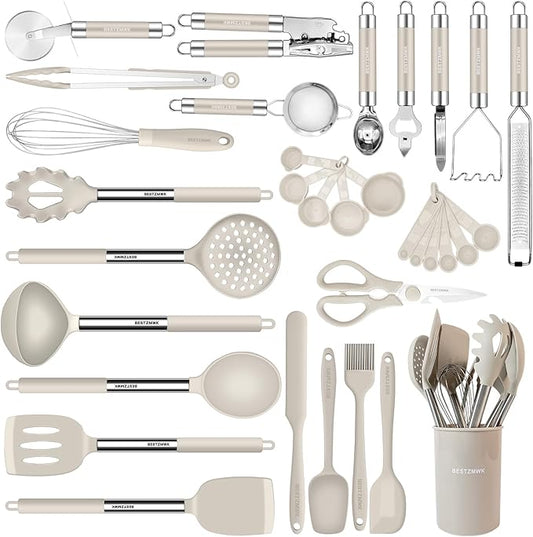 Kitchen Utensils Set-Silicone Cooking Utensils-33pcs Non-Stick Silicone Cooking Kitchen Utensils Spatula Set with Holder-Best Kitchen Cookware with Stainless Steel Handle (Khaki)