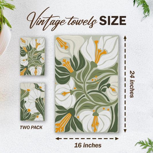 Abstract Boho Floral Kitchen Towels, Sage Green House Hand Towel Set of 2, Vintage Gifts for Home Bathroom Holiday Decor - A01