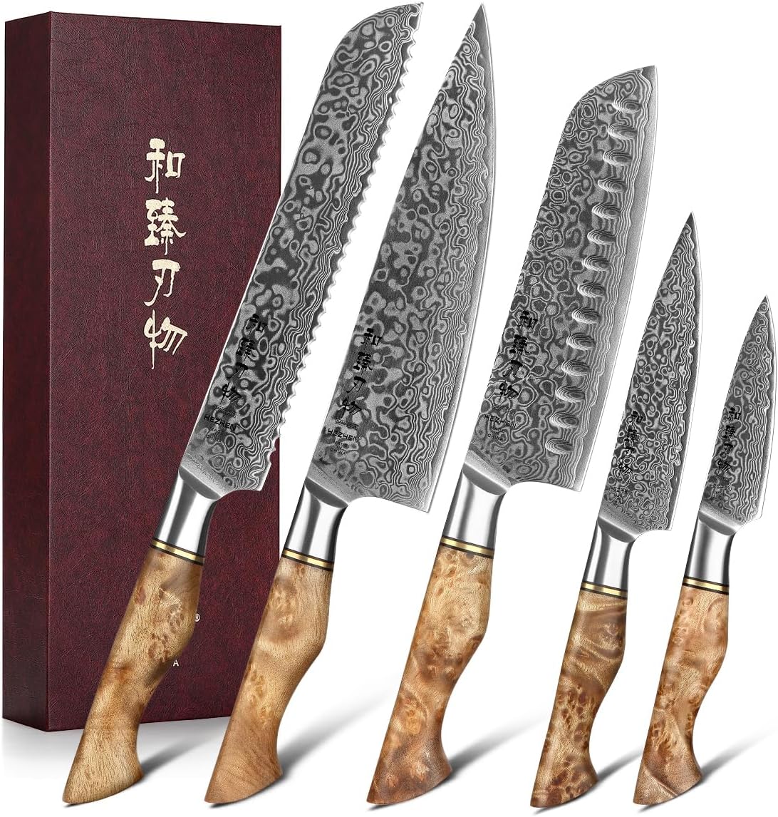 HEZHEN Damascus Kitchen Knives Set, Damascus Steel Japanese Style Chef Knife Utility Knife Santoku Knife,Figured Sycamore Wood Handle