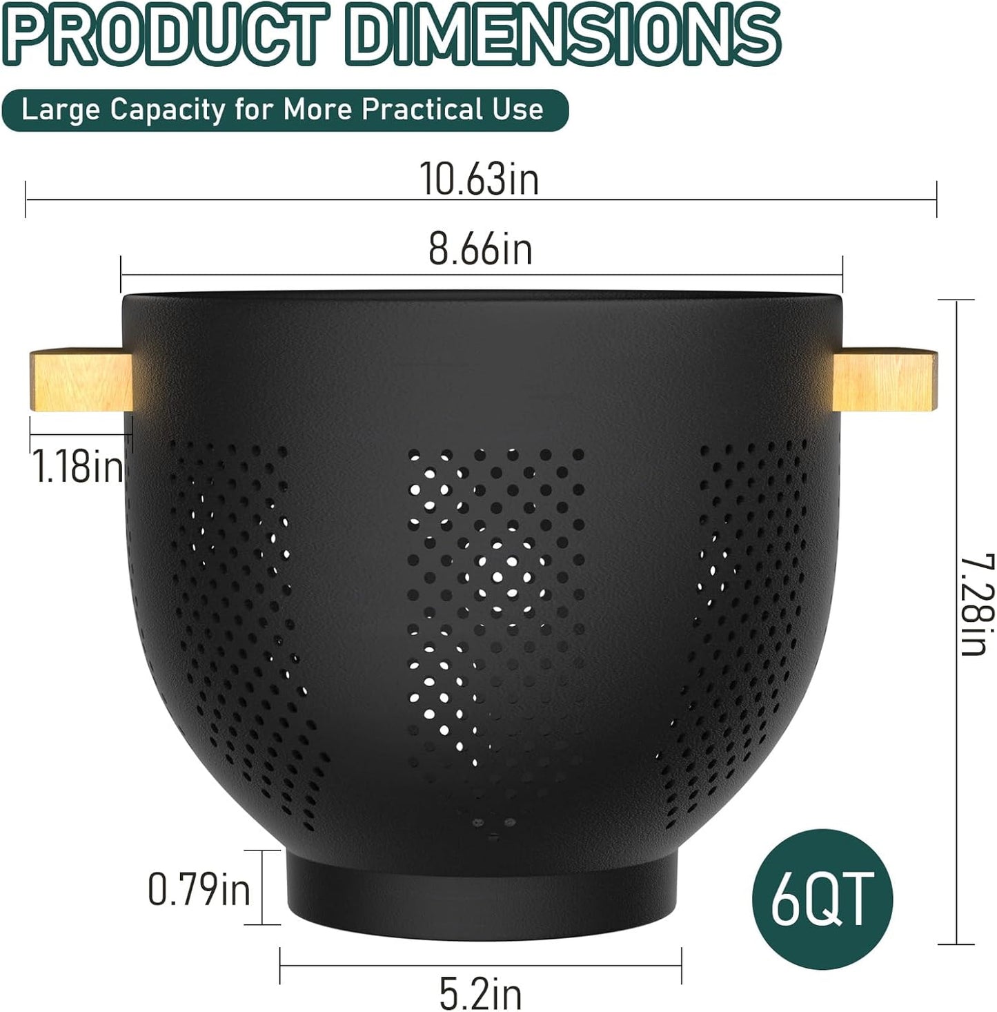 Metal Colander with Bamboo Wood Handle, 6 QT Large Strainer with Self-Draining Base, Kitchen Strainer Bowl for Pasta Spaghetti Vegetables Fruit Berry, Essential Kitchen Appliance and Gadget (Black)