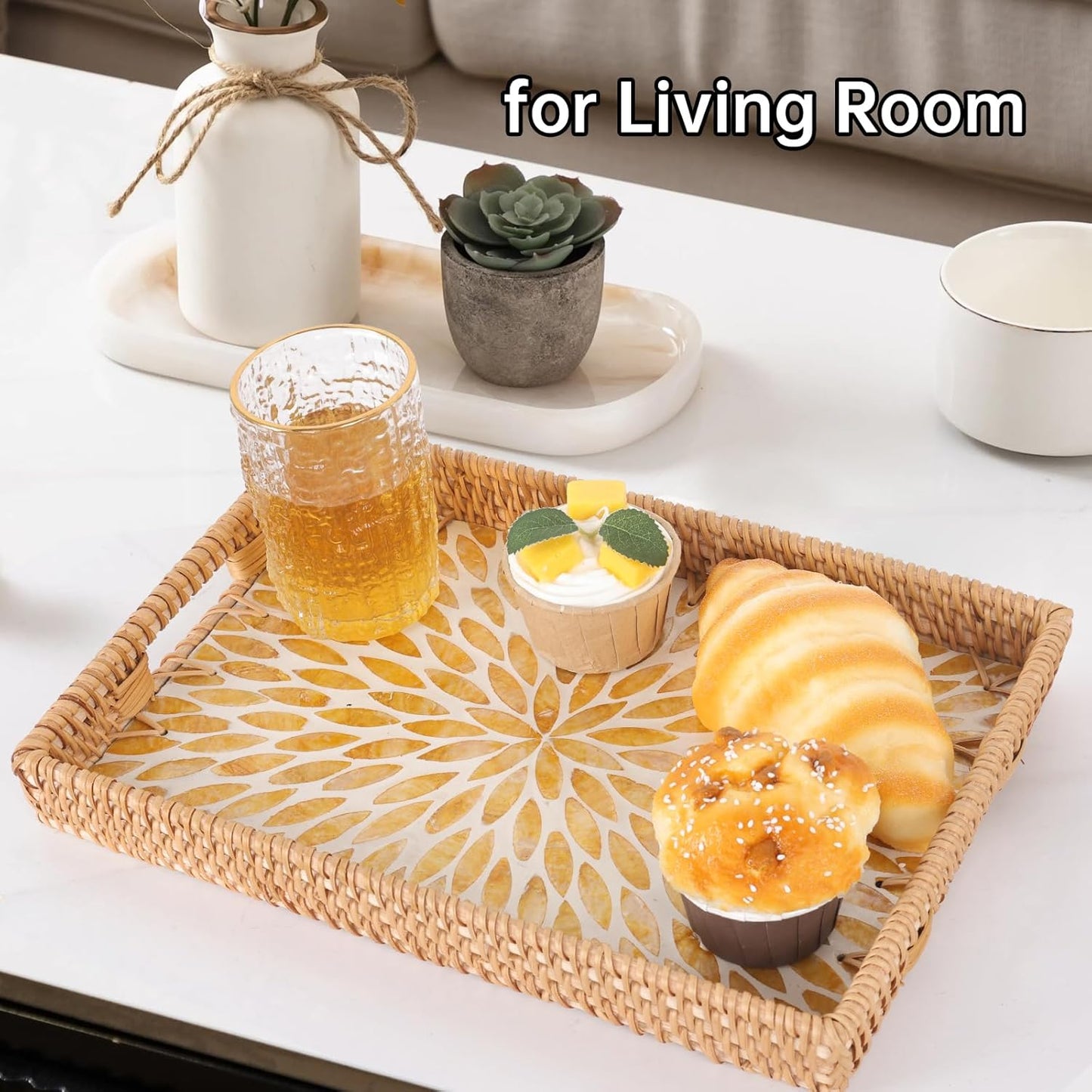 Rectangle Rattan Tray with Mother of Pearl Inlay, Rattan Serving Tray with Handle for Coffee, Bread, Fruits, Snacks, Decorative Wicker Tray for Table Decor (Rectangle Amber Leaf, 13"×9")