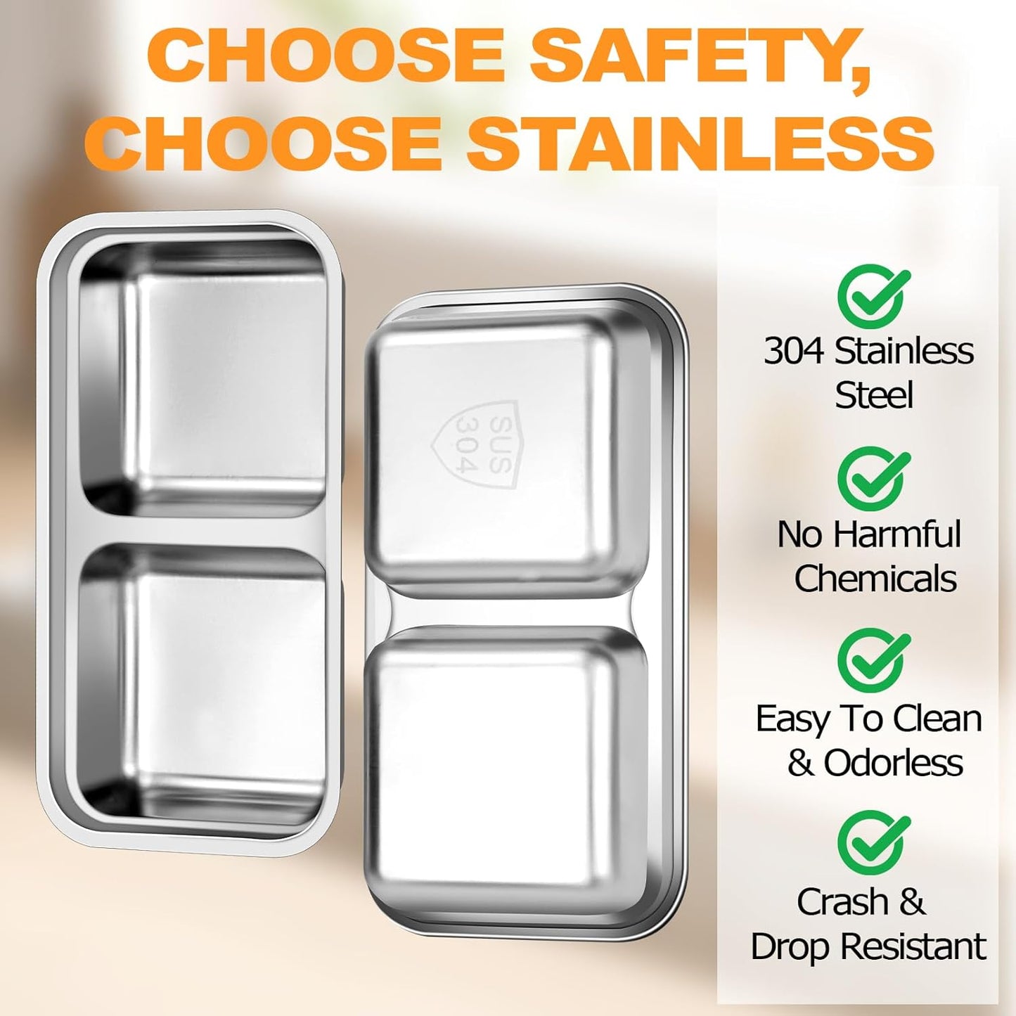 Stainless Steel Snack Containers with Lids, Reusable 2 Compartment Stainless Steel Bento Lunch Box, Food Storage, 6 Pack with Forks, Leak Proof, Dishwasher-Safe, Grab and Go for Work, Travel