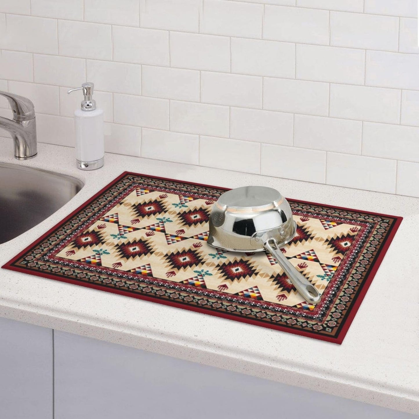 Southwestern Tribal Aztec Geometric Dish Drying Mats for Kitchen Counter & Sink, Absorbent Microfiber Drying Pad for Dishes, Ethnic Rustic Brown Kitchen Mat for Dining Area & Home Decor, 16" x 18"