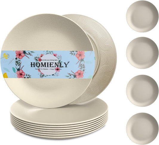 Homiely Dinner Plates Set of 8 - Wheat Straw, Microwave & Dishwasher Safe, Unbreakable, Kids Plates with Pattern (Beige, 9 inch)/Product of Alternative to Plastic