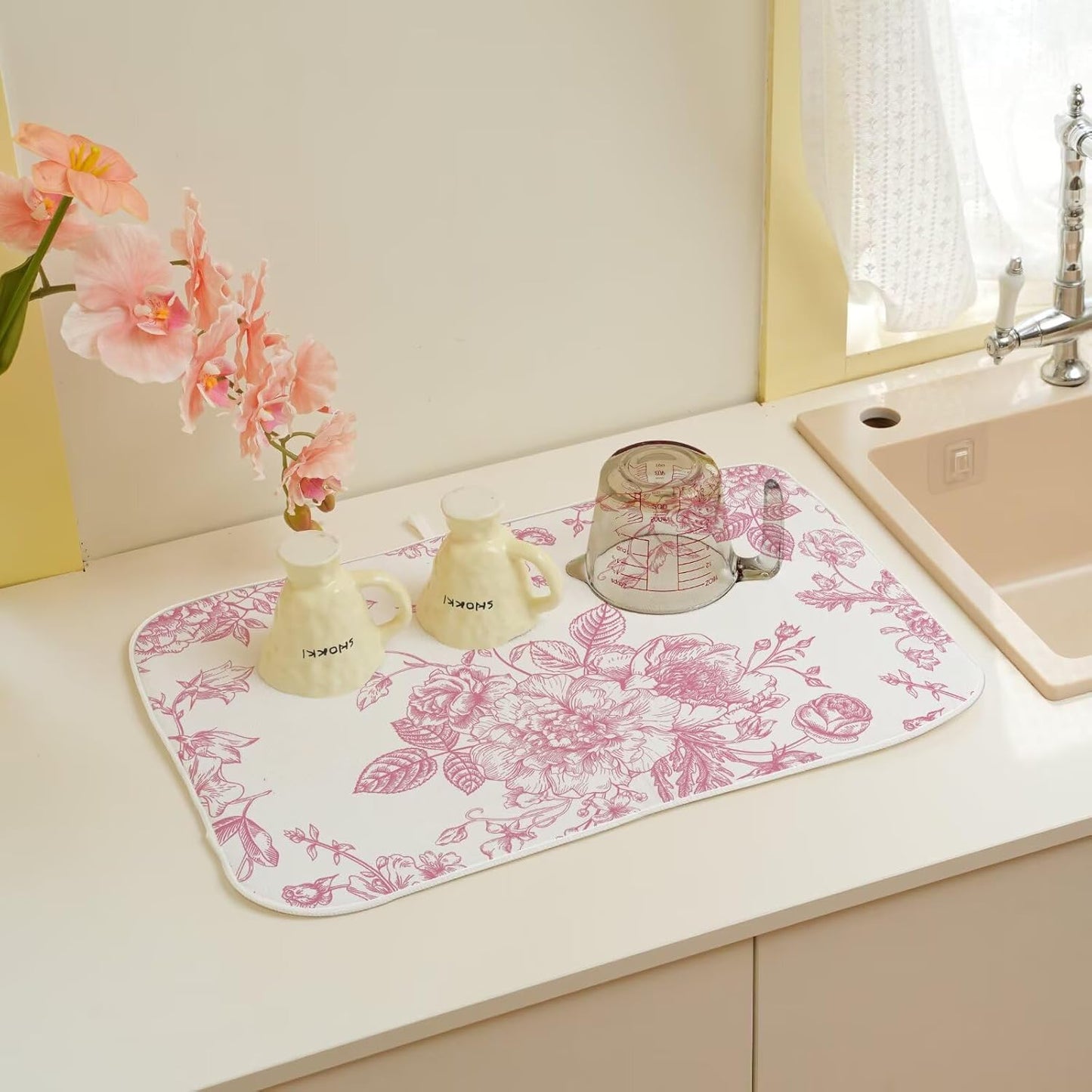 Pink Chinoiserie Floral Dish Drying Mat 18 x 24 inch Vintage Flower Decorative Drying Mats Microfiber Absorbent Dish Washable Draining Mat for Kitchen Counter Decor