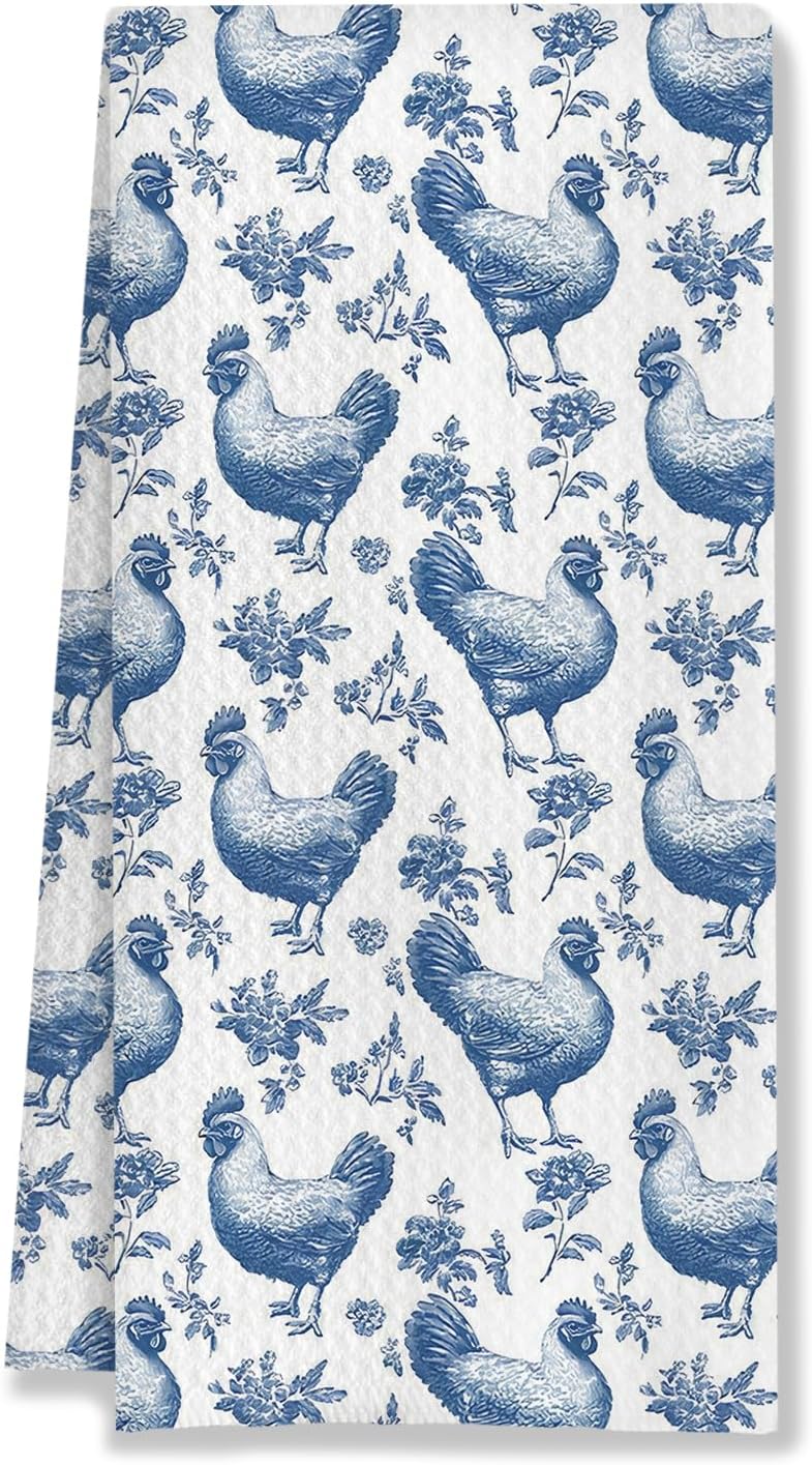 Chinoiserie Chicken Kitchen Towels, Chicken Lover Mom Lady Gifts Decorative Dish Tea Towels for Kitchen, Rustic Farm Animal Hens Hand Towels for Bathroom, 16x24 Inches