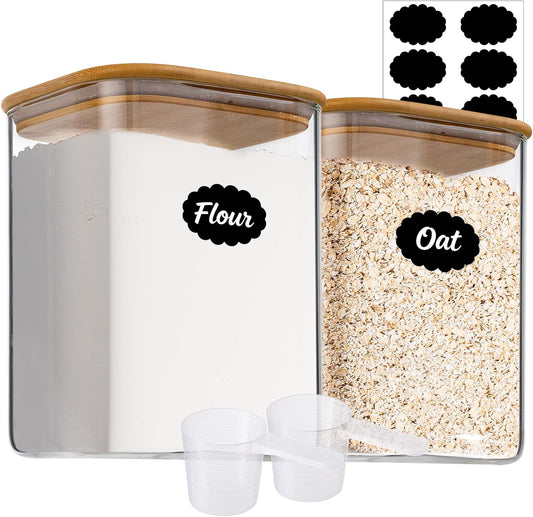 115oz 2PCS Large Glass Food Storage Containers of Wide Mouth Storage Containers with Tight Lids Square Glass Jars for Flour and Sugar, Cereal, Rice, Pasta, Oats, Wheatmeal, Coffee, Niblet