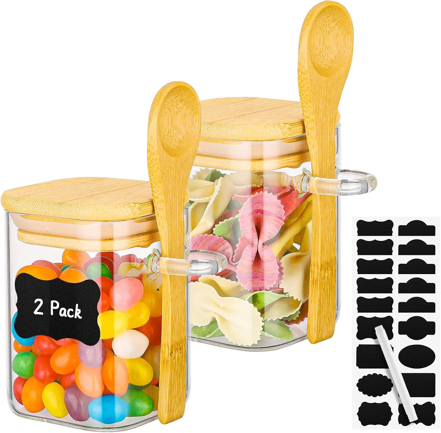 Glass Jars with Bamboo Lids and Spoons - 2 Pack 6 Fl.oz Square Glass Spice Jars with Lid, Kitchen Canisters for Countertop, Stackable Small Pantry Container for Jam, Tea, Coffee and Sugar