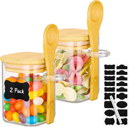 Glass Jars with Bamboo Lids and Spoons - 2 Pack 6 Fl.oz Square Glass Spice Jars with Lid, Kitchen Canisters for Countertop, Stackable Small Pantry Container for Jam, Tea, Coffee and Sugar