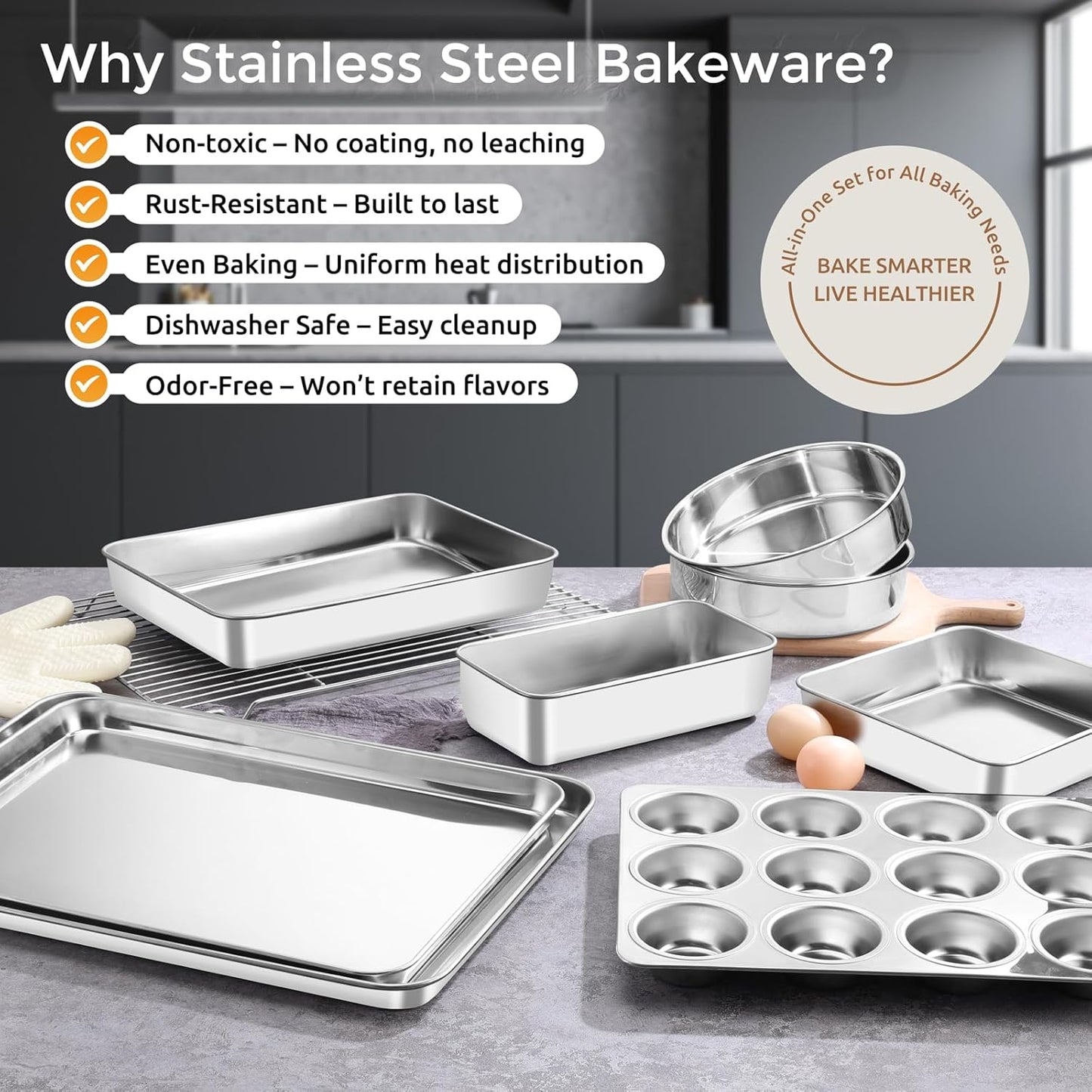 E-far 9-Piece Baking Pan Set, Stainless Steel Bakeware Sets for Sheet Cake Cookie Loaf Muffin, Include Baking Sheet, Round Square Rectangle Baking Pan & Cooling Rack, Dishwasher Safe
