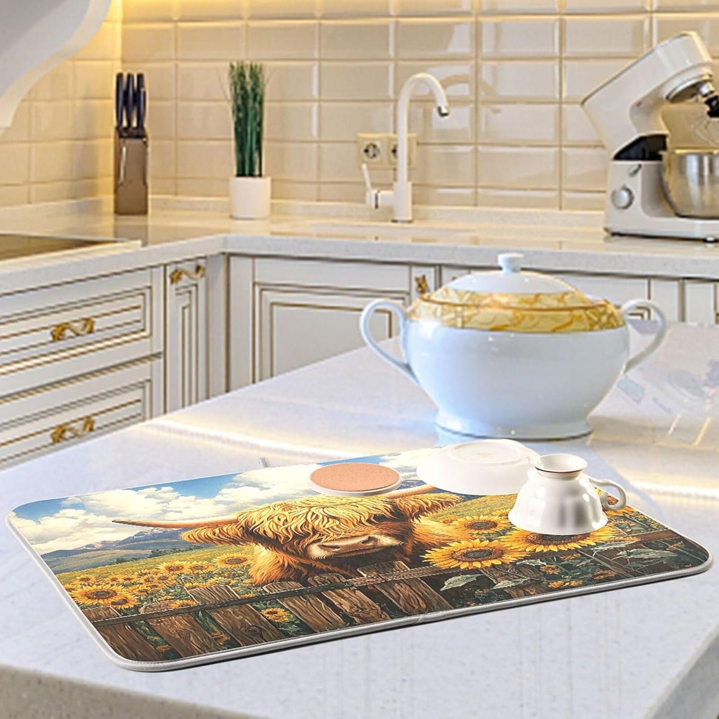 Highland Cow Sunflower Field Dish Drying Mat for Kitchen Counter Super Absorbent Dishes Pad Reversible Microfiber Protector Dish Draining Mats 16x18 inch